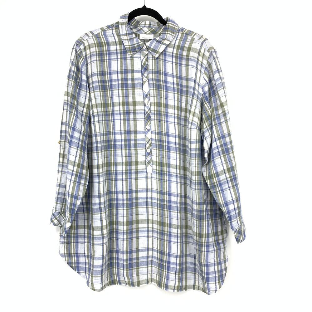 J. Jill Love Linen Popover Tunic Top Womens Size XL Blue Green Plaid Tab Sleeve